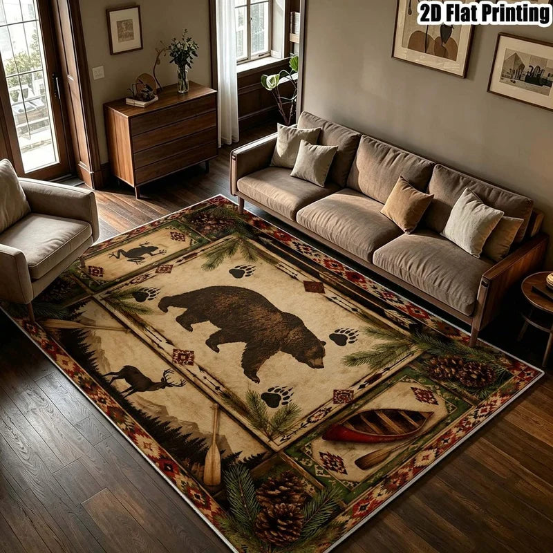1Pc American Retro Bohemian Bear Deer Pinecone Print Carpet, Bohemian Style Decorative Carpet for Living Room, Bedroom, Dining Room, Bedside, Indoor and Outdoor Patio, Home Decor Accessories