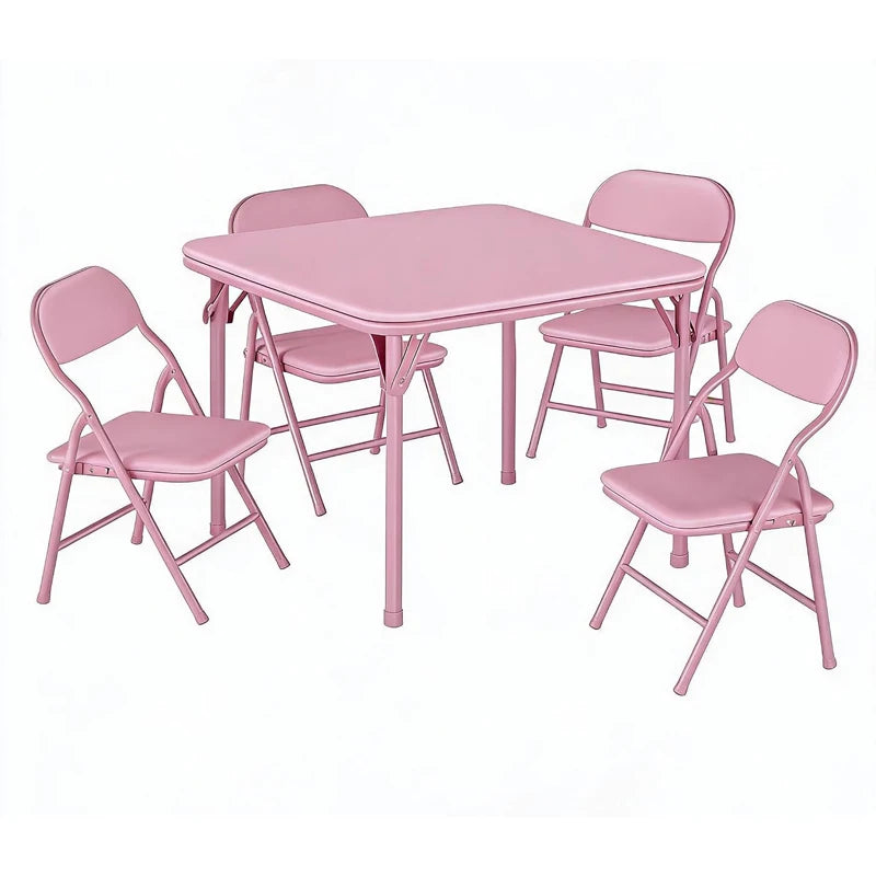 5-Piece Kids Folding Table and Chairs Set, Square Table | Foldable Children's Activity Table & Chair Set, Upholstered Chairs, Waterproof PU Top, No Assembly, Toddler Furniture