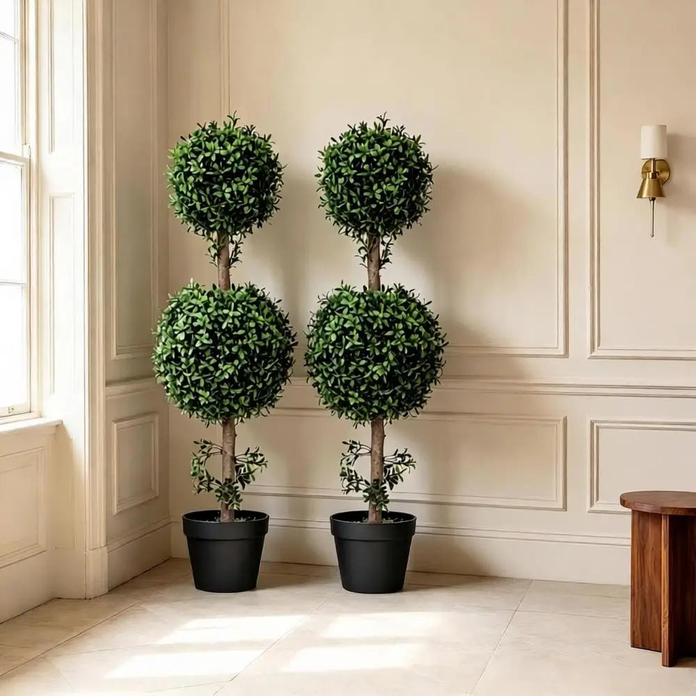 Stylish Artificial Topiary,Double-Ball Topiary Tree in Pot,Chic Artificial Ball Boxwood Topiary Trees(Only 2Pcs Artificial Plant)