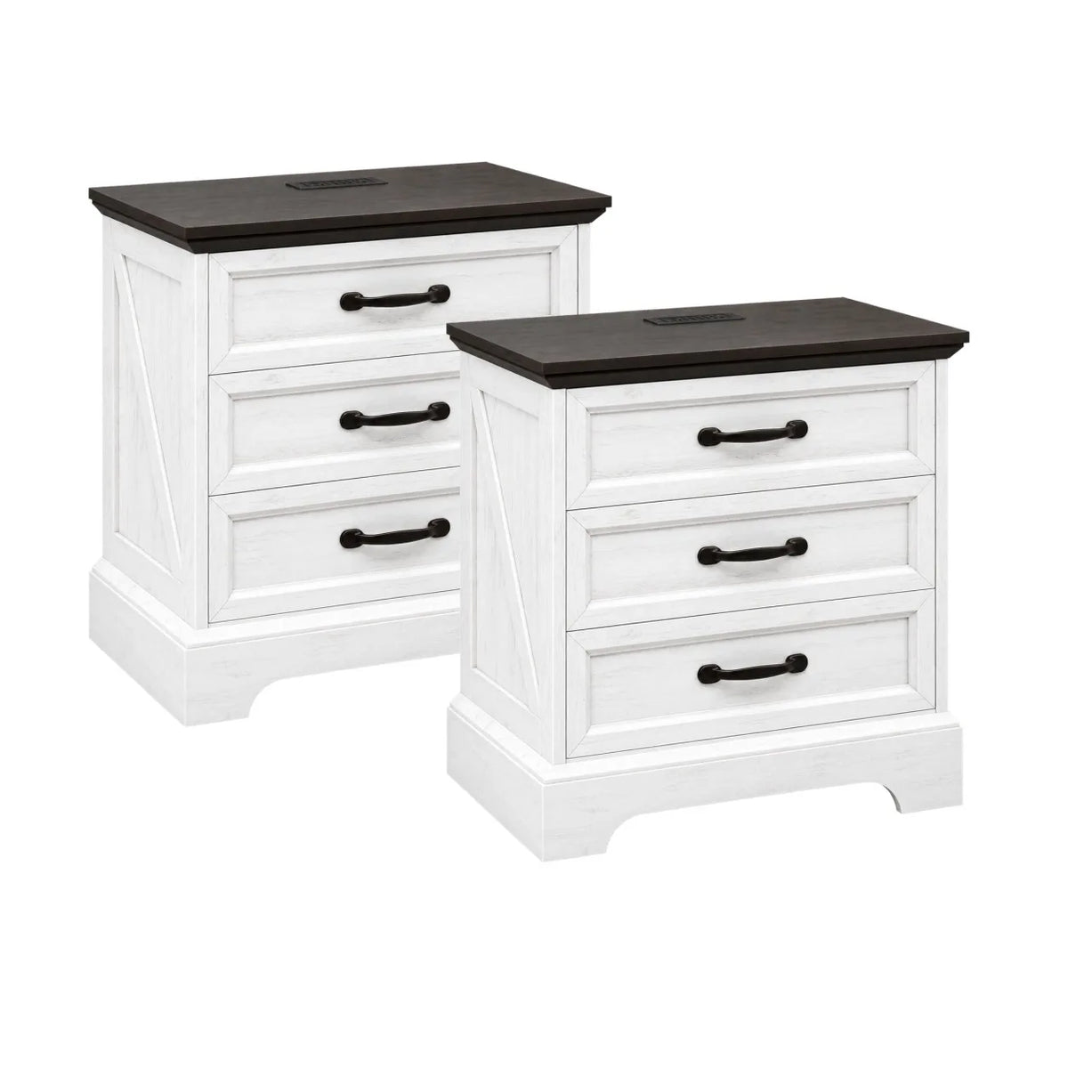 3 Drawer Farmhouse Bedside Cabinet with Charging Station, Storage Nightstand with USB Ports and Power Outlets for Bedroom Home