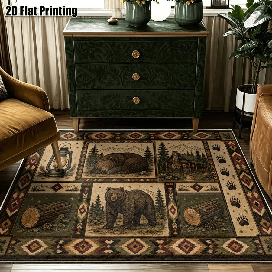 1Pc American Retro Bohemian Brown Bear Cabin Carpet, Art Decorative Rug for Living Room, Bedroom, Dining Room, Bedside, Indoor and Outdoor Patio, Home Decor