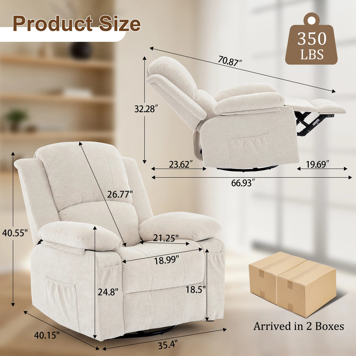 Korser Swivel Small Rocker Recliner Chair with Massage Chenille fabric Folding Armchair for Living Room,Bedroom