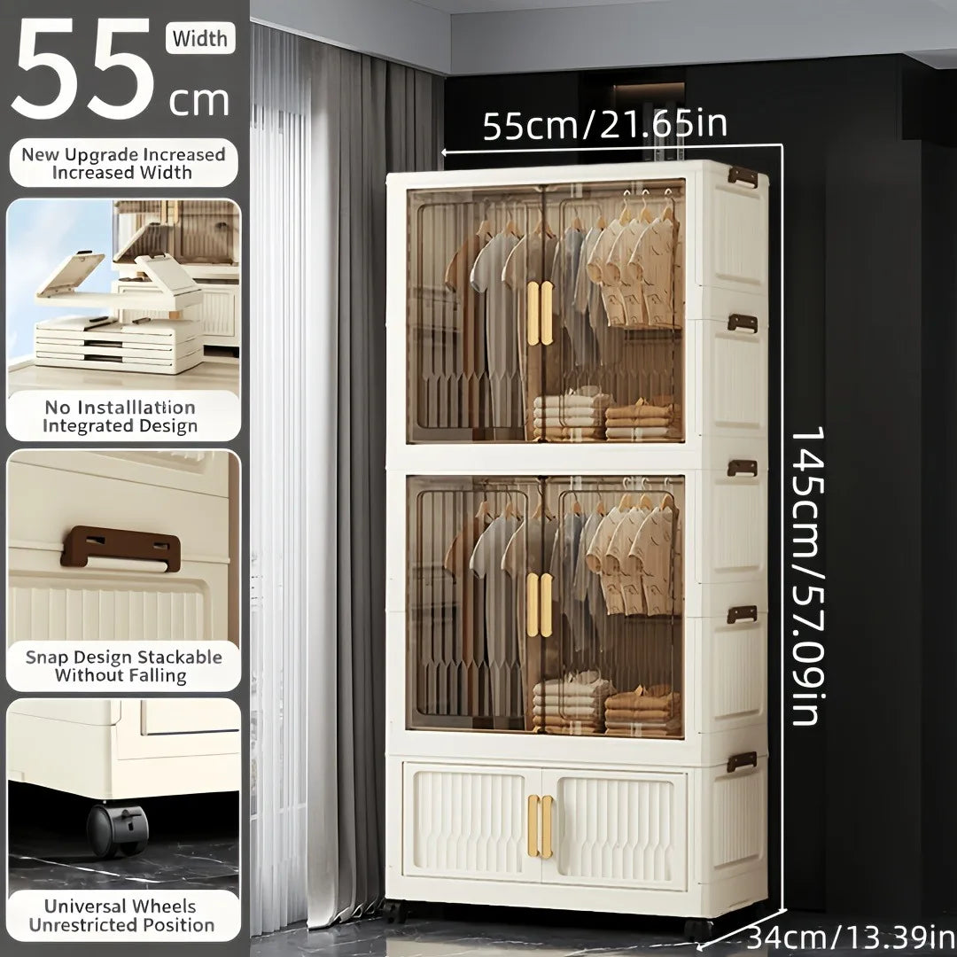 foldable and stackable clothes storage wardrobe, no assembly needed. Snap-together foldable closet with transparent dust-proof door and universal wheels. Freestanding multi-layer clothes hanging and storage unit, suitable for