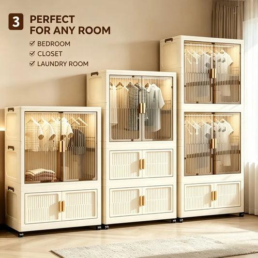 foldable and stackable clothes storage wardrobe, no assembly needed. Snap-together foldable closet with transparent dust-proof door and universal wheels. Freestanding multi-layer clothes hanging and storage unit, suitable for