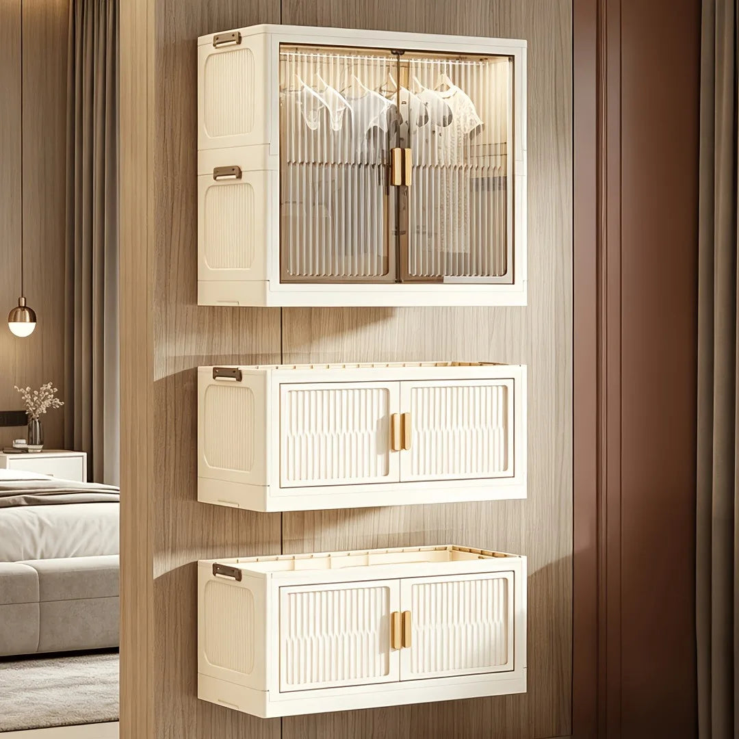 foldable and stackable clothes storage wardrobe, no assembly needed. Snap-together foldable closet with transparent dust-proof door and universal wheels. Freestanding multi-layer clothes hanging and storage unit, suitable for