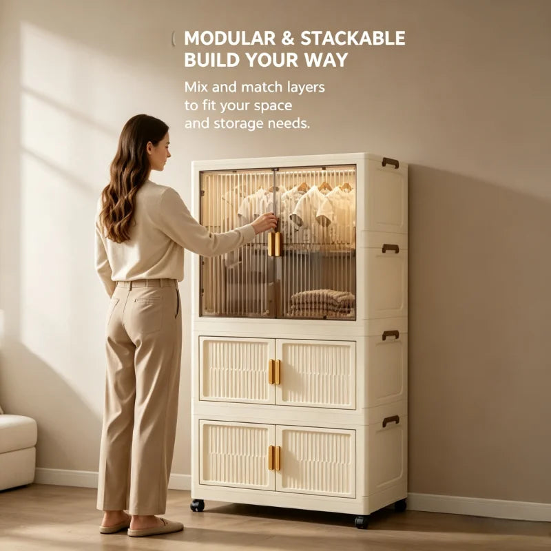 foldable and stackable clothes storage wardrobe, no assembly needed. Snap-together foldable closet with transparent dust-proof door and universal wheels. Freestanding multi-layer clothes hanging and storage unit, suitable for