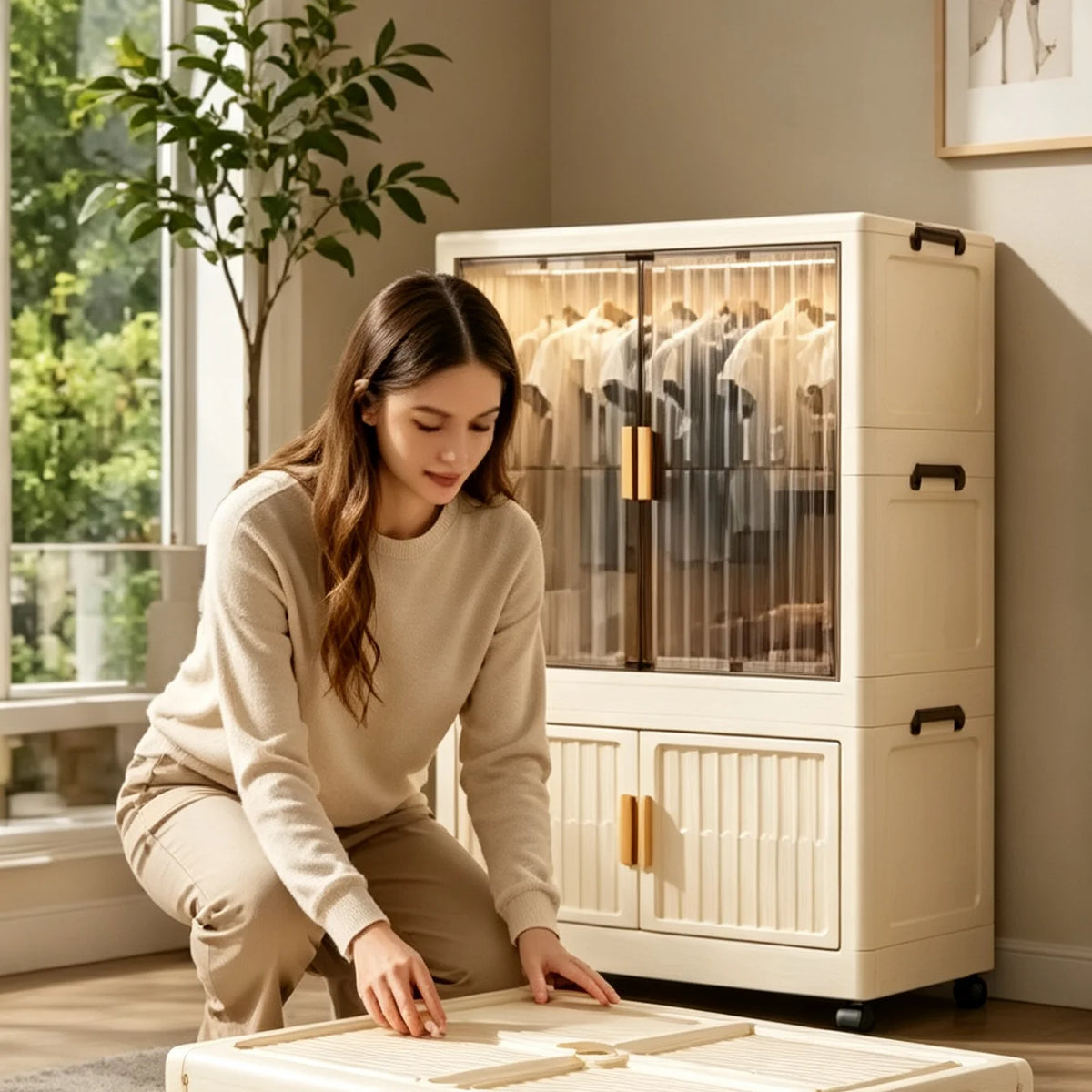 foldable and stackable clothes storage wardrobe, no assembly needed. Snap-together foldable closet with transparent dust-proof door and universal wheels. Freestanding multi-layer clothes hanging and storage unit, suitable for