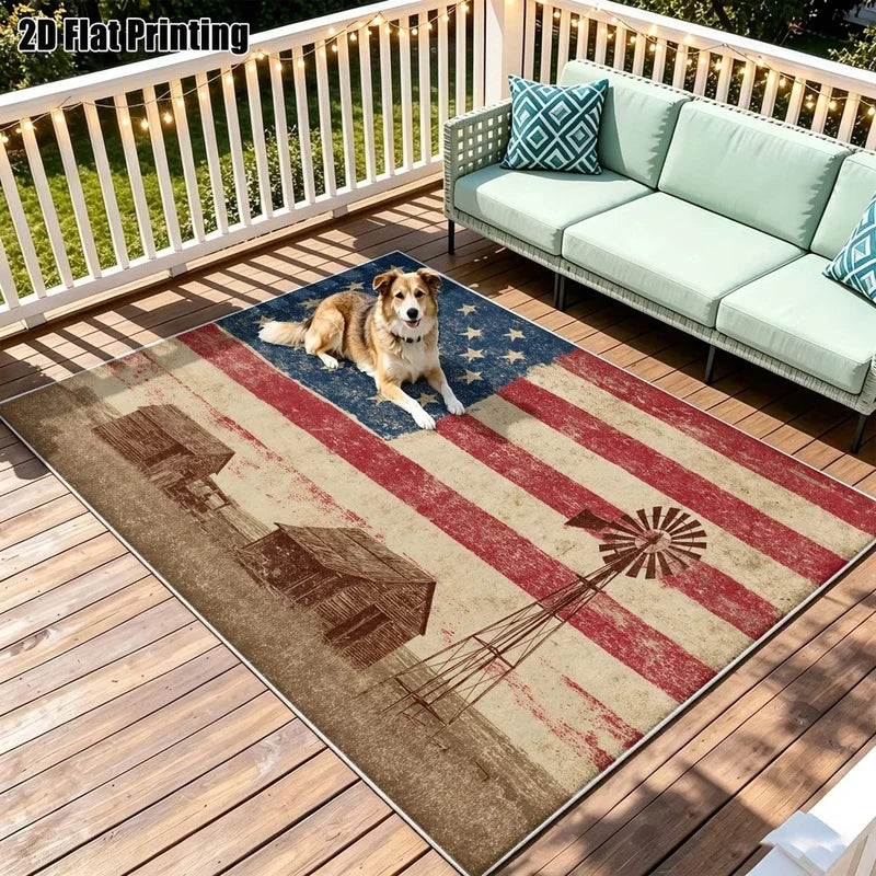 1Pc American Retro Flag Farmhouse Style Print Carpet, Bohemian Style Decorative Rug for Living Room, Bedroom, Dining Room, Bedside, Indoor and Outdoor Patio, Home Decor Accessories
