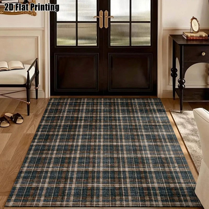 1Pc Retro Plaid American Style Rug, Country Style Decorative Mat for Living Room, Bedroom, Dining Room, Bedside, Indoor and Patio, Home Decoration Accessory