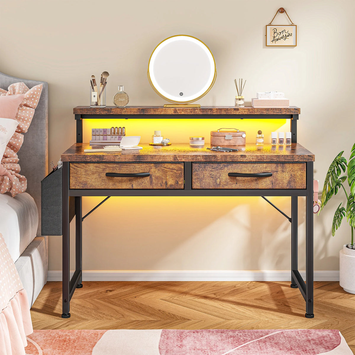 EnHomee 37.8"H RGB LED Study Writing Table Monitor Stand Computer Desk with 2 Fabric Drawers  Small Desk Anti-Tip Design for Home Office