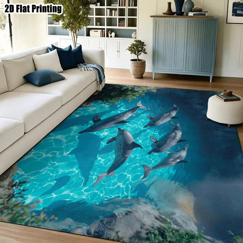 1Pc Dolphin Pattern Rug, Ocean Style Blue Decorative Rug, Suitable for Living Room, Bedroom, Dining Room, Bedside, Indoor and Outdoor Patio, Home Decoration Accessories