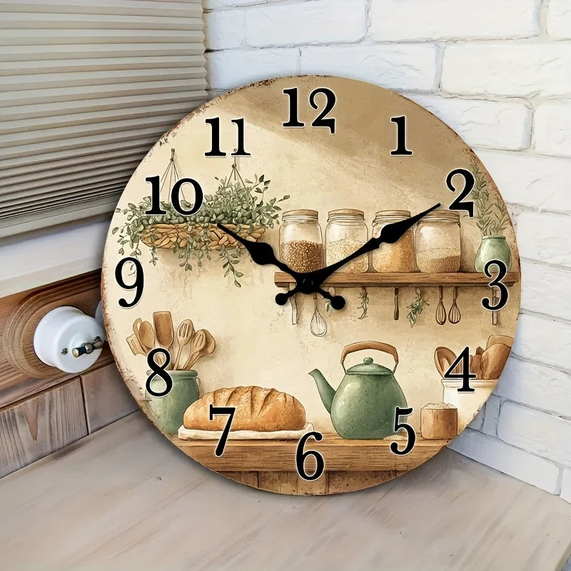 1pc of a Silent Wall Clock That Doesn'T Tick, Made of Wood, Featuring a Decorative Circular Design. It'S a Rustic Addition to Kitchen Decor with Jars And Utensils, Suitable for Dining Rooms, Hallways, Study Rooms, Home Office