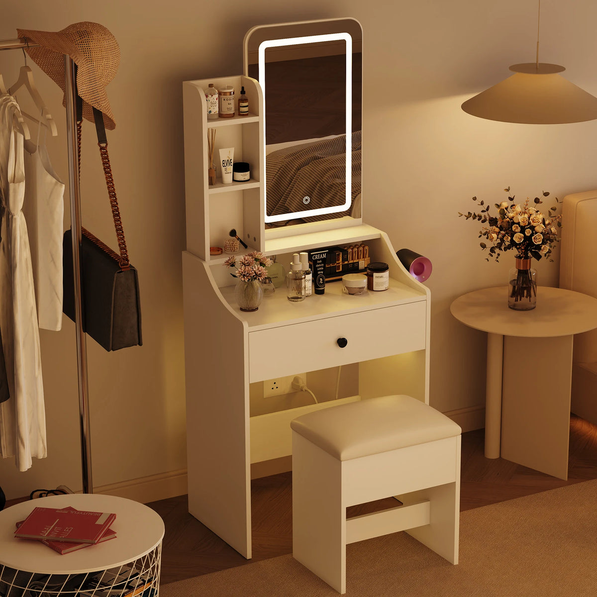 MCQ Living Room Wood Cabinet With LED Mirror Small Makeup Vanity Desk Storage Display Nightstand Bedside Coffee Sofa Tea Table Cabinets For Furniture