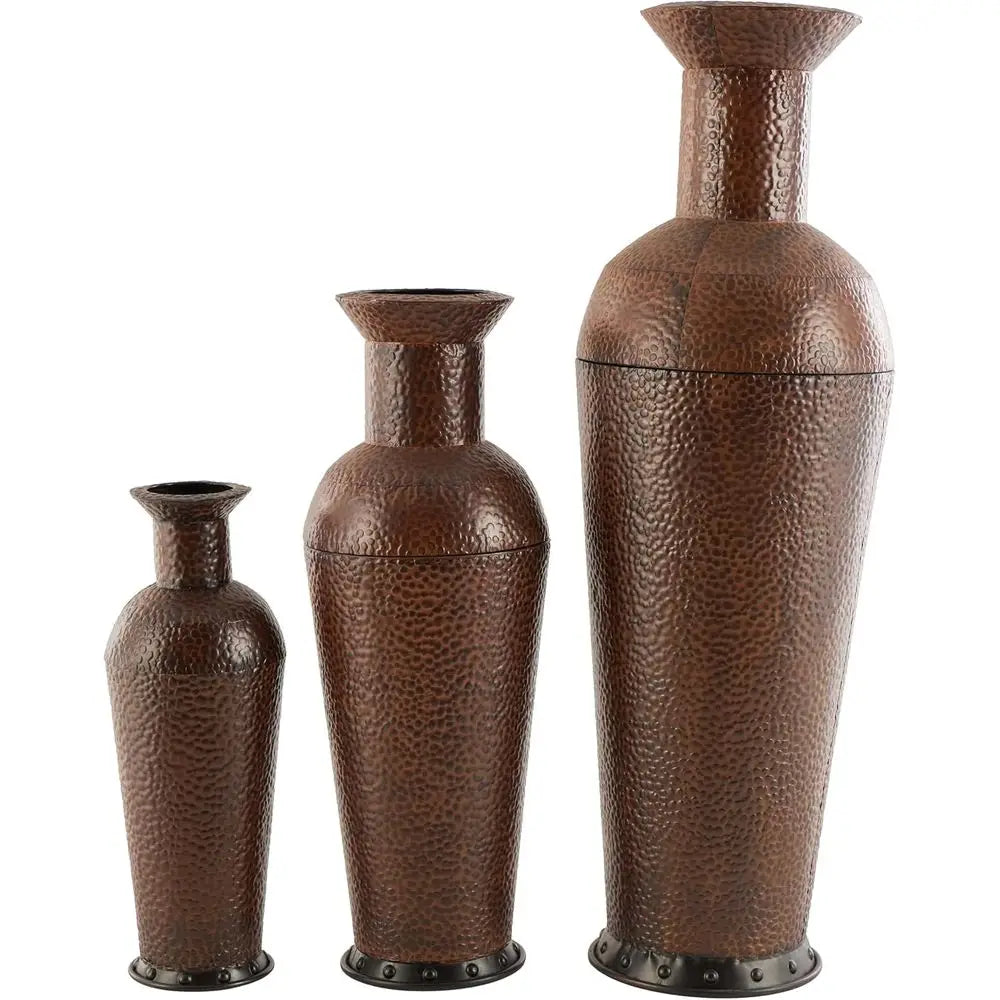 Set of 3 Tall Decorative Vases with Bubble Texture and Studs, 50, 35, 26H, Dark Brown for Indoor/Outdoor Home Decor