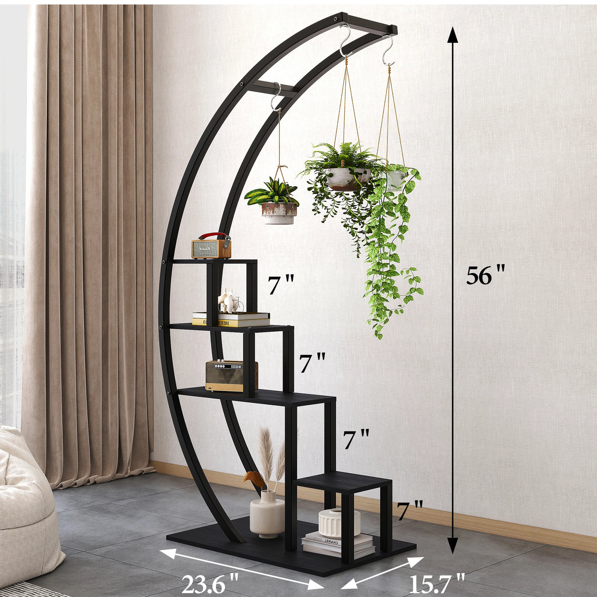 5 Tier Metal Plant Stand Pack of 2, Half-Moon Shape Plant Rack with Hanging Hooks, Tall Ladder Flower Display Shelf, Plant Holder for Home Decor, Garden, Balcony (Black)