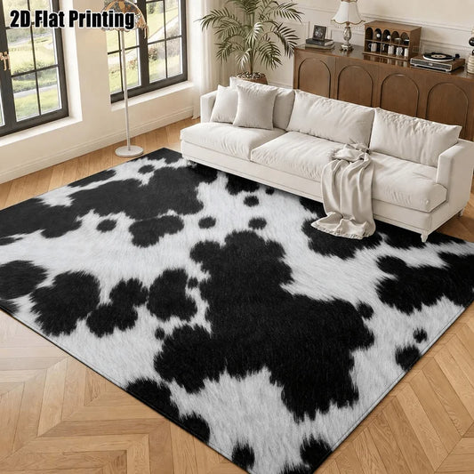 1Pc Nordic Cowhide Pattern Carpet, Retro Art Decorative Rug for Living Room, Bedroom, Dining Room, Bedside, Indoor and Outdoor Patio, Home Decor