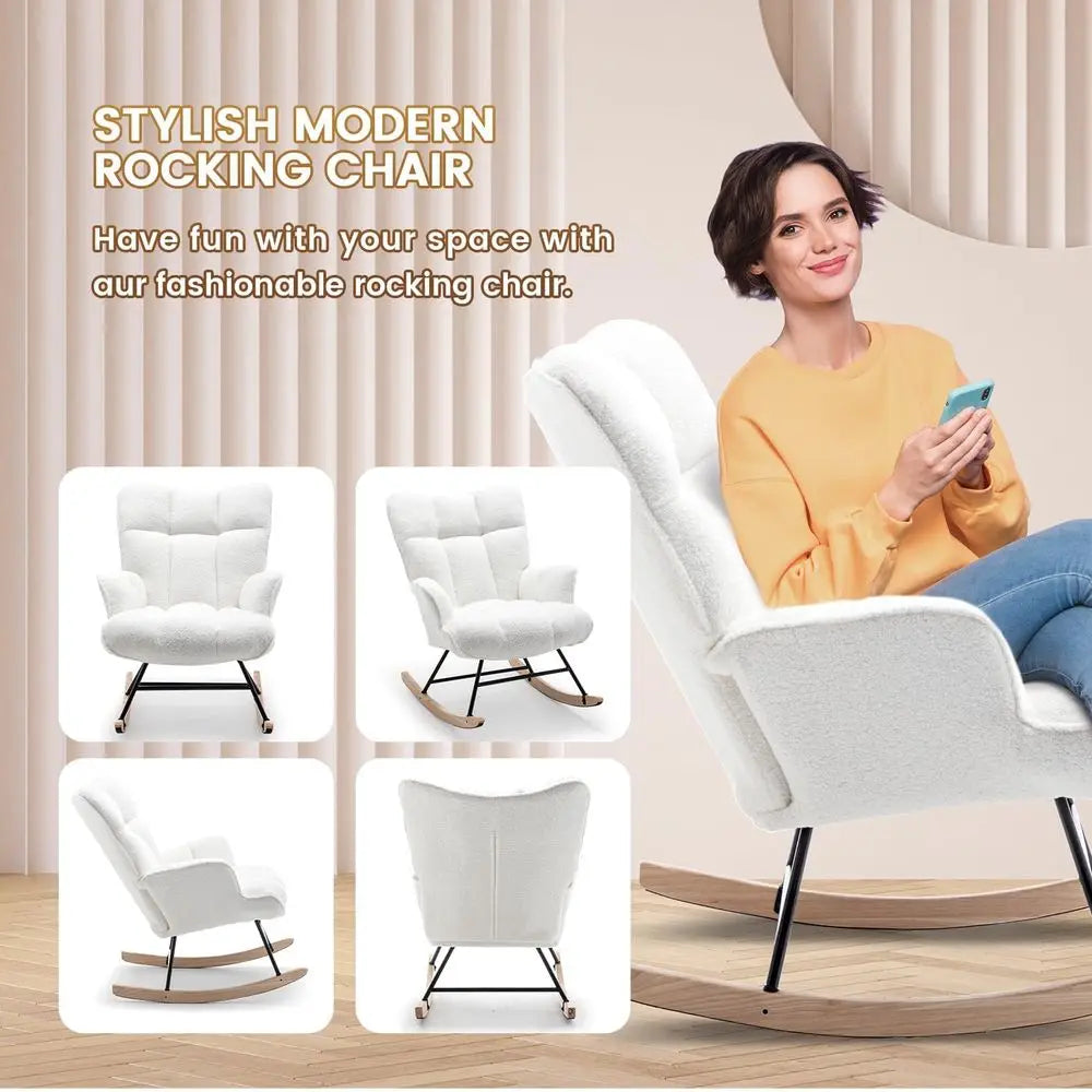 Rocking Chair Nursery Teddy Upholstered Glider Rocker Rocking Accent Chair Padded Seat with High Backrest Armchair Comfy Side C