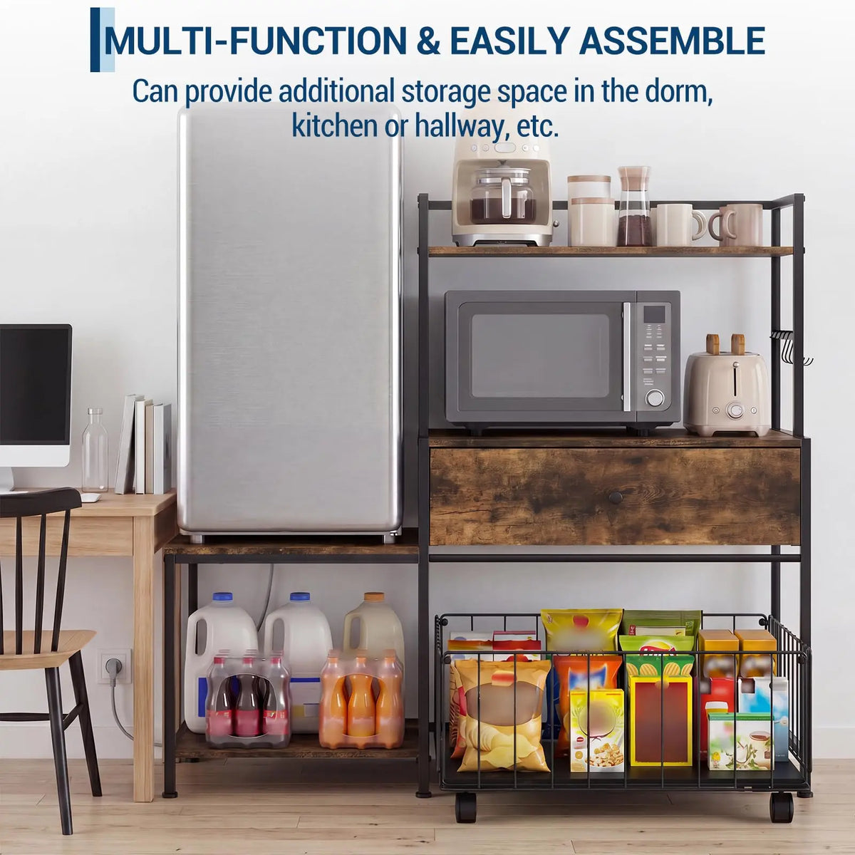 Mini Fridge Stand with Storage & Metal Drawers, Burn Color | 260 lb L-Shaped Utility Bakers Rack with Mini Fridge Space, 5-Tier Sturdy Microwave Stand and Coffee Station for Dorm, Office