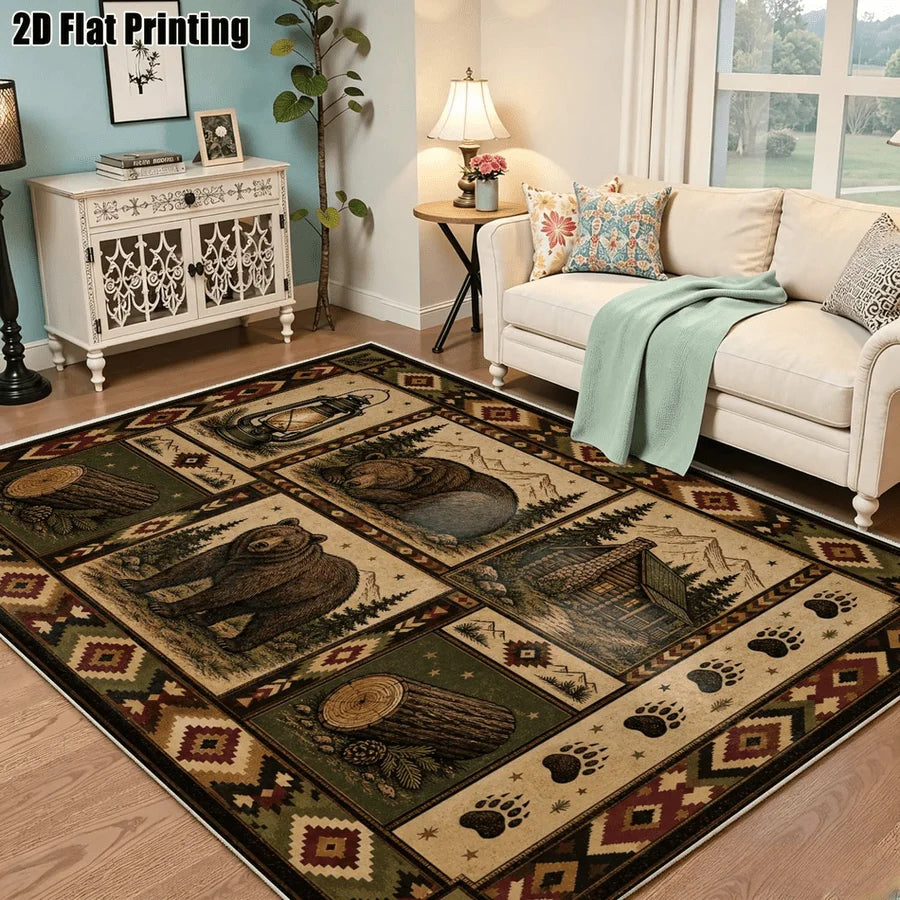 1Pc American Retro Bohemian Brown Bear Cabin Carpet, Art Decorative Rug for Living Room, Bedroom, Dining Room, Bedside, Indoor and Outdoor Patio, Home Decor