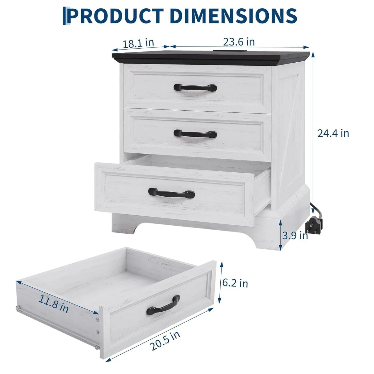 3 Drawer Farmhouse Bedside Cabinet with Charging Station, Storage Nightstand with USB Ports and Power Outlets for Bedroom Home
