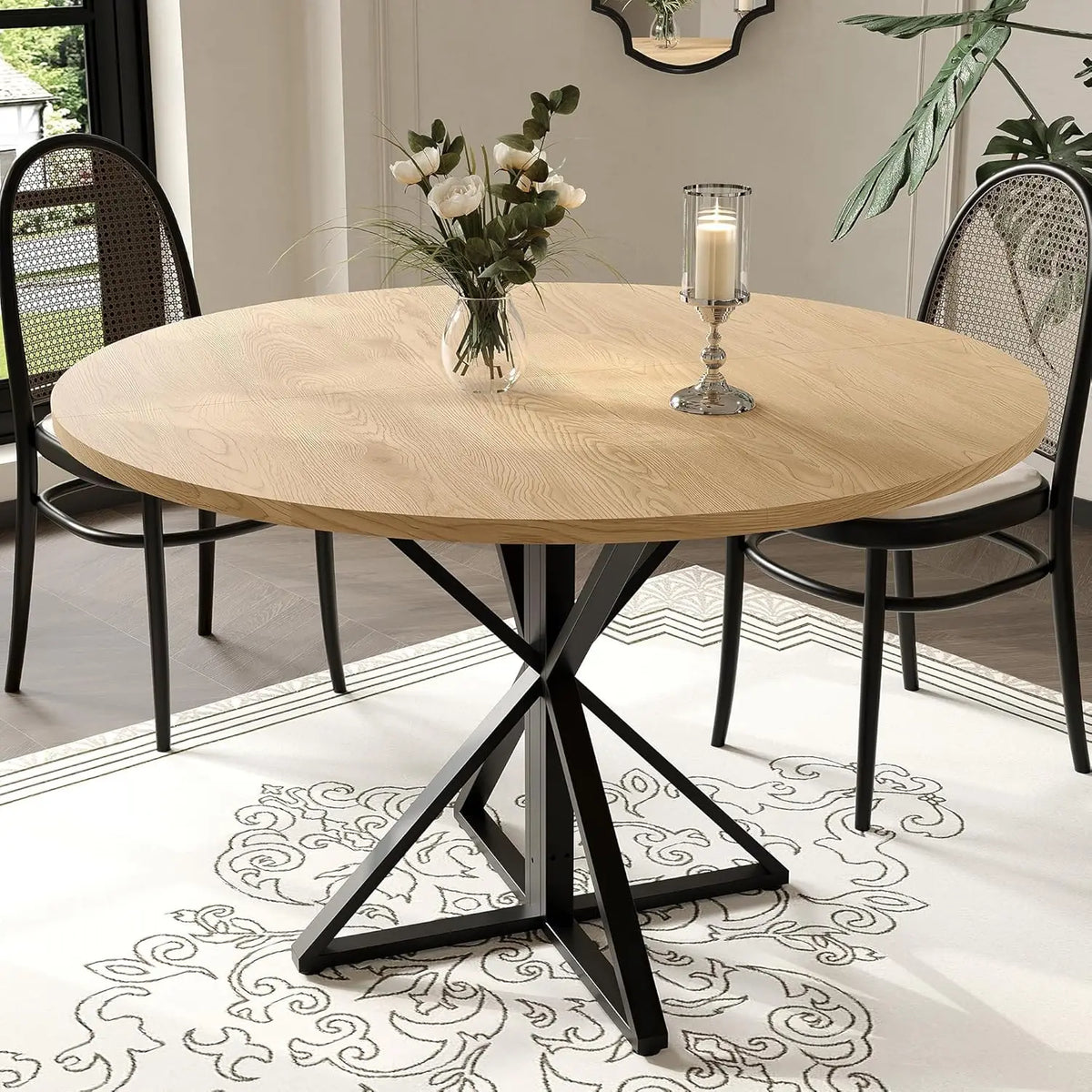 47" Round Dining Table for 4, Wood Top & Heavy-Duty Metal Pedestal Dinner Table for Dining Room, Kitchen, Living Room Farmhouse