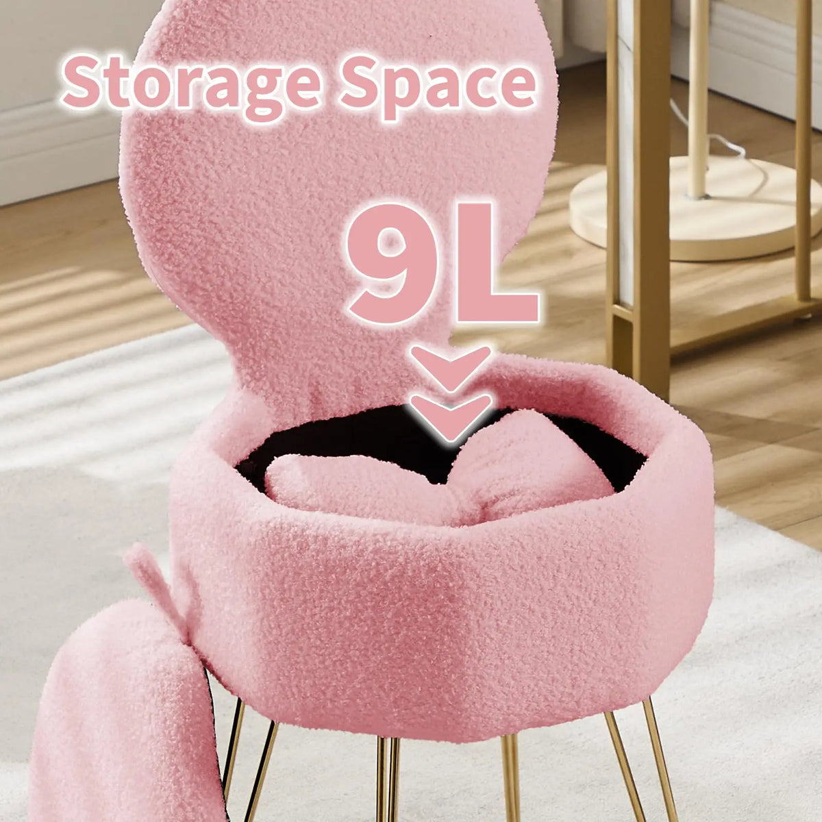 Vanity Stool Chair with Pillow & Foldable Backrest, Sherpa Fleece Vanity Chair with Stroage Space & Metal Legs, Soft Storage Ottoman, Modern Accent Chair for Makeup Bedroom Living Room