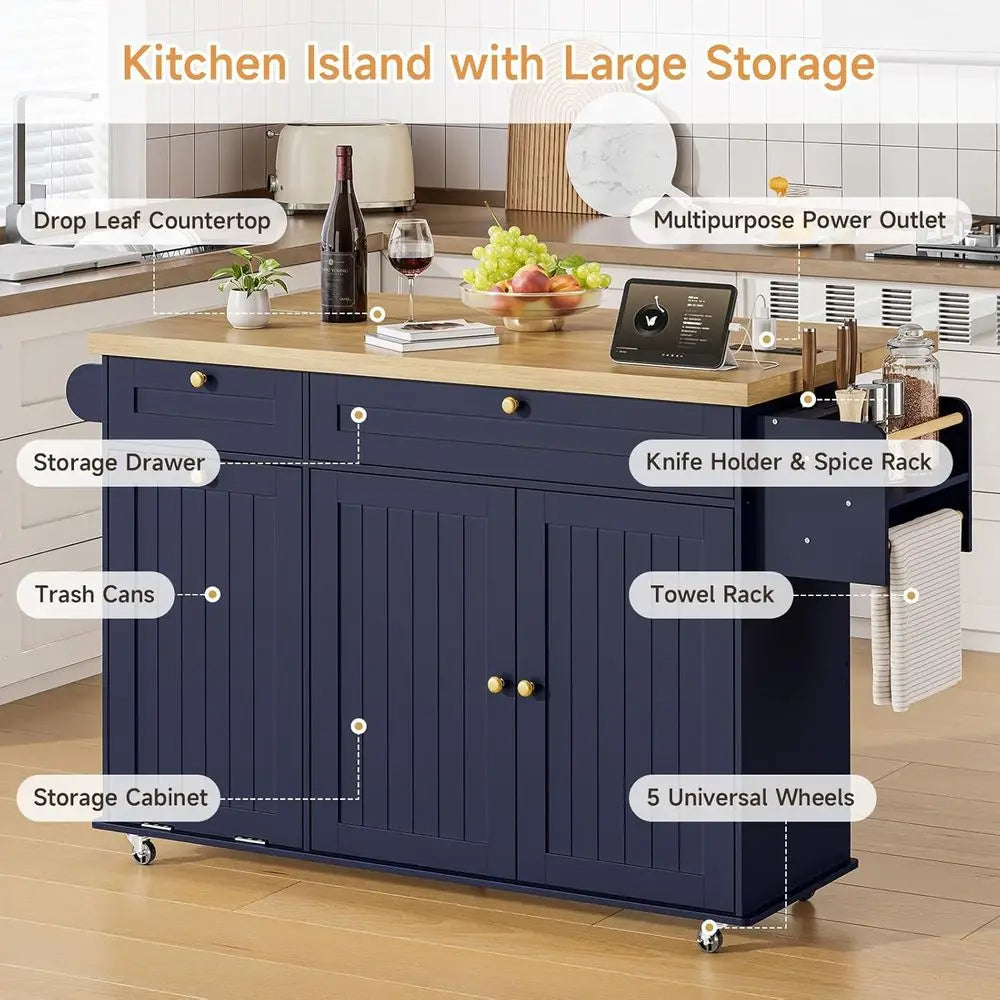 60" Kitchen Island with Power Outlet & Drop Lea, Mobile Storage Island with Spice Rack & Towel Rack, 4 Levels, BlueWedding Tent