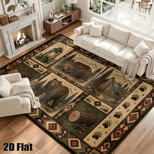 1Pc American Retro Bohemian Brown Bear Cabin Carpet, Art Decorative Rug for Living Room, Bedroom, Dining Room, Bedside, Indoor and Outdoor Patio, Home Decor