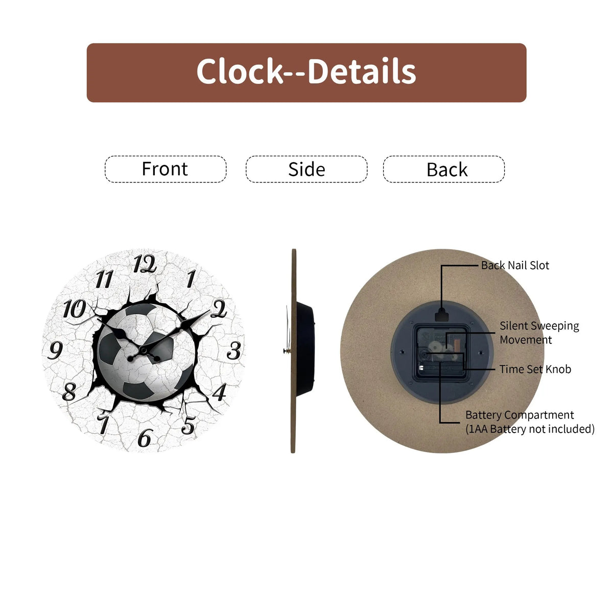 1pc 25.4-40.64 cm Sports Football Wooden Wall Clock, Football Print Crack-Sports Theme Design Round Wall Clock-Silent Quartz Clock, Suitable for Living Room, Kitchen, Bedroom, Office, Gym Decoration, Home Decor, Wall Decor, G