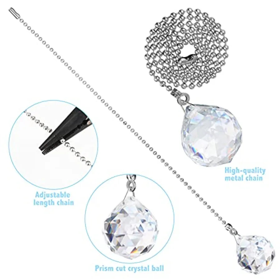 4 Pcs Fan Pull Chain Extension Decorative Crystal Ornaments Clear Prism Ceiling Ball Fan Light Chain Extension Diamond Connecto