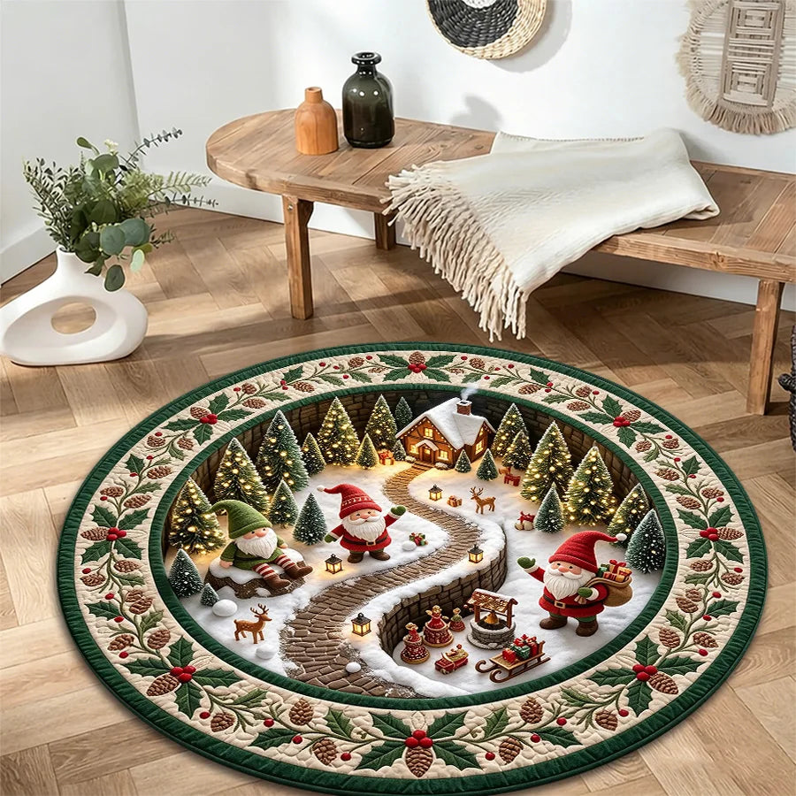 1PC Christmas Dwarf goblin snow village 2D illusion circular carpet, Christmas printed carpet, American country home decoration, suitable for living rooms, headboards, bedrooms, home mats, holiday parties