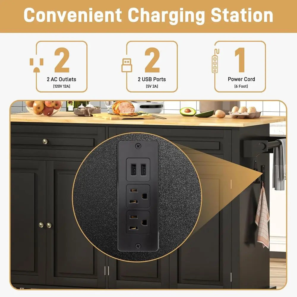 63" Movable Kitchen Island with Drop Lea and Power Outlet, Rolling Island Cart w/Storage Cabinet, Island Table on Wheels or Kitc