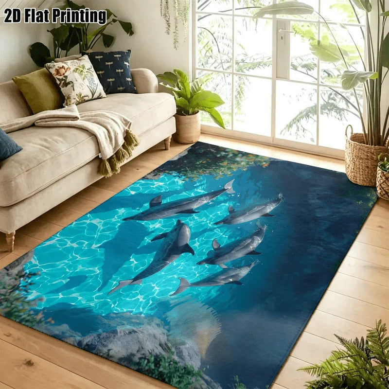 1Pc Dolphin Pattern Rug, Ocean Style Blue Decorative Rug, Suitable for Living Room, Bedroom, Dining Room, Bedside, Indoor and Outdoor Patio, Home Decoration Accessories