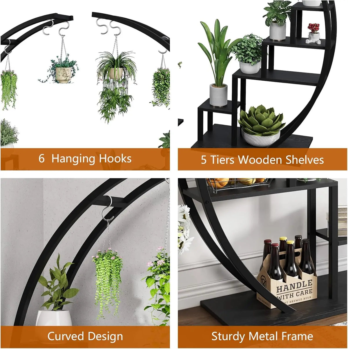 5 Tier Metal Plant Stand Pack of 2, Half-Moon Shape Plant Rack with Hanging Hooks, Tall Ladder Flower Display Shelf, Plant Holder for Home Decor, Garden, Balcony (Black)