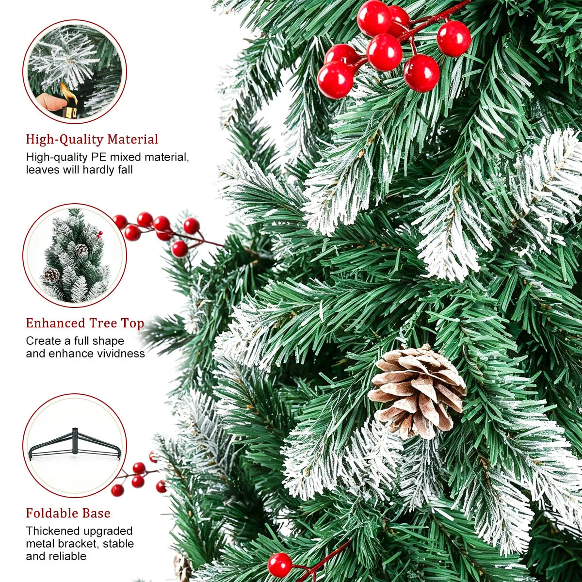 7FT 8FT Snow Flocked Artificial Christmas Tree with Pine Cones & Red Berries, Hinged Xmas Tree with Foldable Metal Stand for Indoor Holiday Home Decor