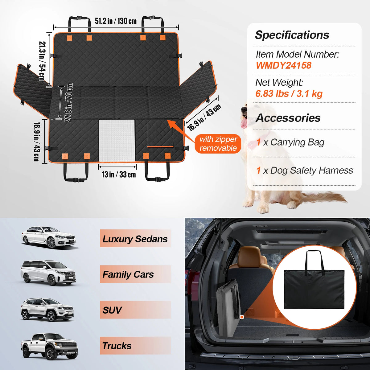 SucceBuy Back Seat Extender Dog Car Seat Cover for Back Seat Bed with Mesh Window and Storage Pocket Supports 350lbs Dog Hammock