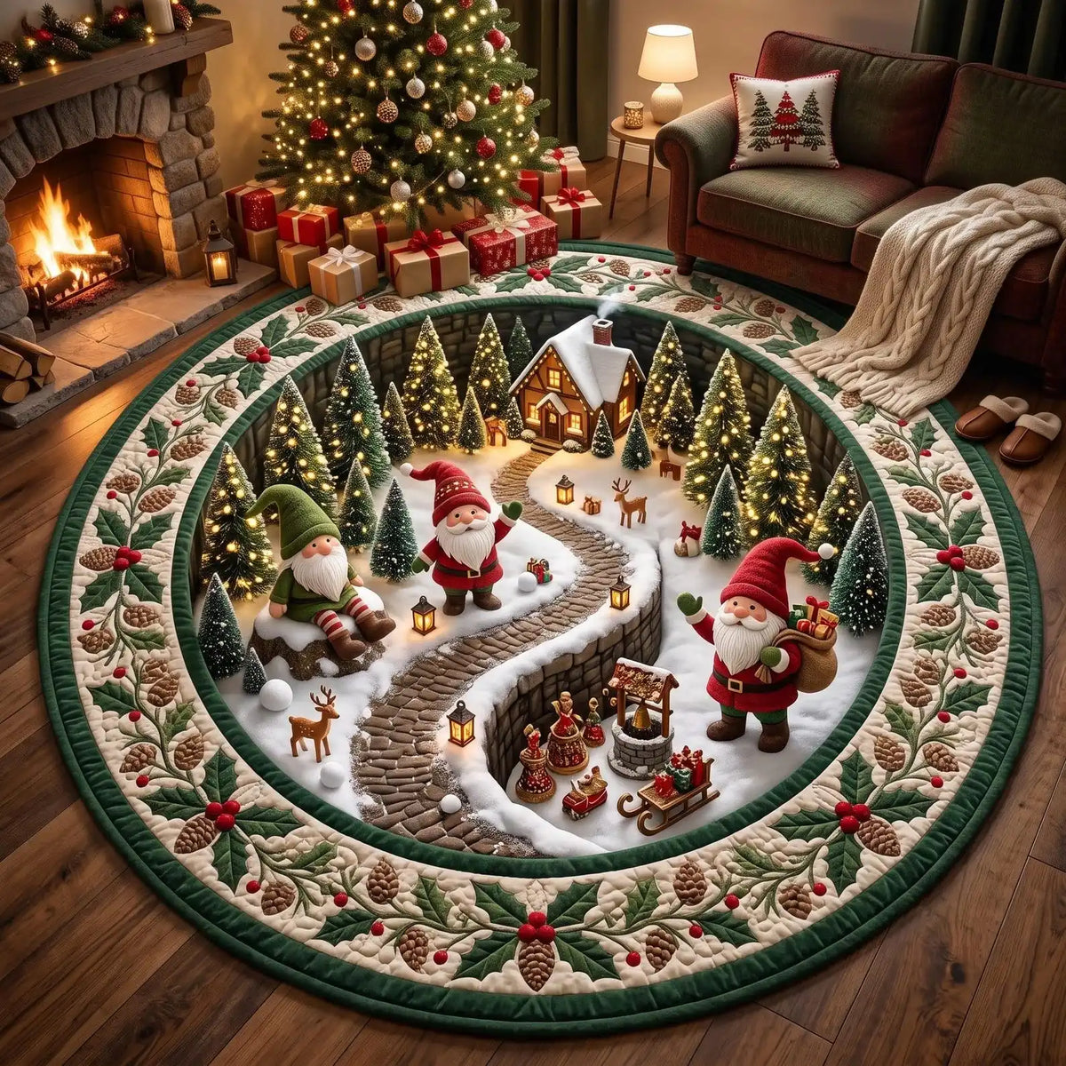 1PC Christmas Dwarf goblin snow village 2D illusion circular carpet, Christmas printed carpet, American country home decoration, suitable for living rooms, headboards, bedrooms, home mats, holiday parties