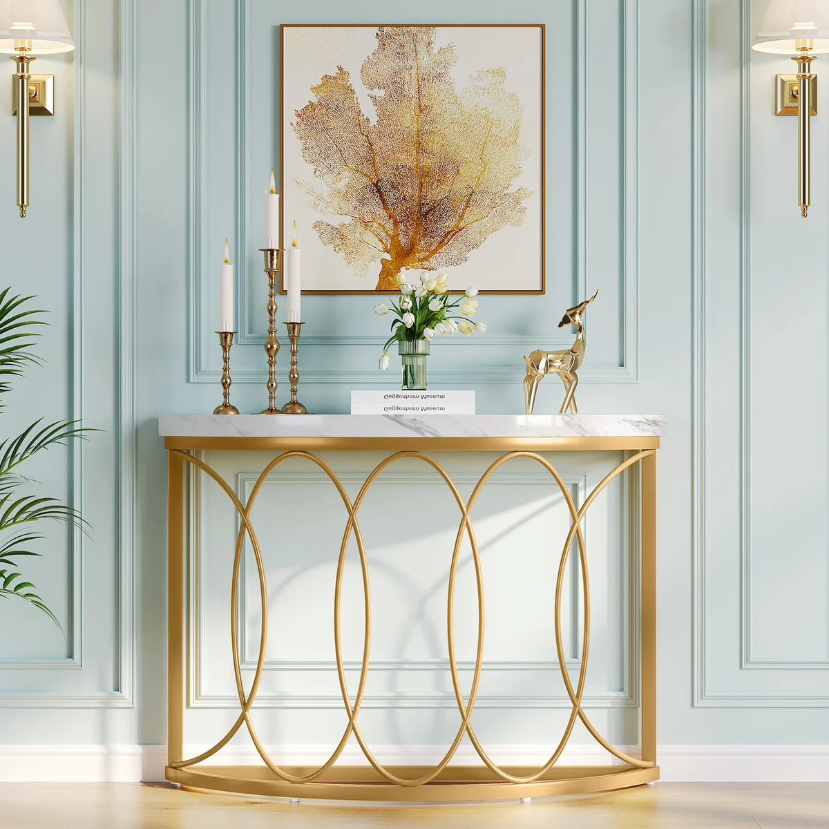 Tribesigns Half Moon Gold Console Table, 43" Modern Entryway Table, Narrow Semi Circle Sofa Table with Geometric Metal Frame