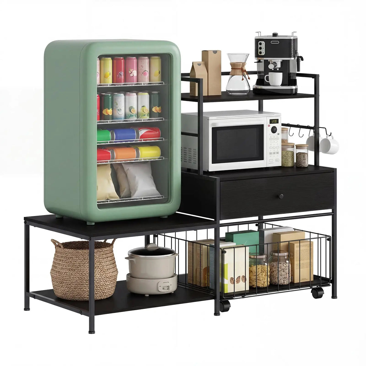 Mini Fridge Stand with Storage & Metal Drawers, Burn Color | 260 lb L-Shaped Utility Bakers Rack with Mini Fridge Space, 5-Tier Sturdy Microwave Stand and Coffee Station for Dorm, Office