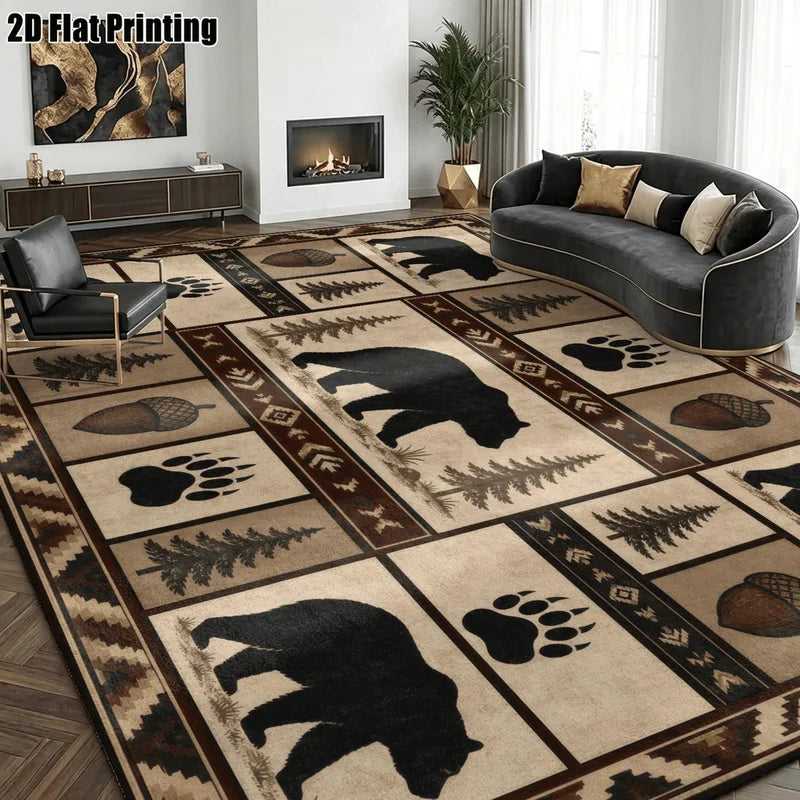 1Pc American Retro Black Bear Pinecone Pattern Rug, Machine Washable, Personalized Decoration, Retro Style Home Decoration, Suitable for Living Room, Bedroom, Entryway, Office, Corridor and Other Areas