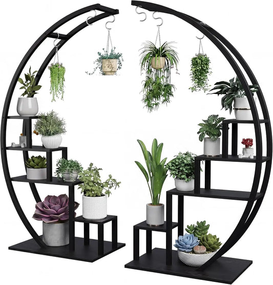 5 Tier Metal Plant Stand Pack of 2, Half-Moon Shape Plant Rack with Hanging Hooks, Tall Ladder Flower Display Shelf, Plant Holder for Home Decor, Garden, Balcony (Black)
