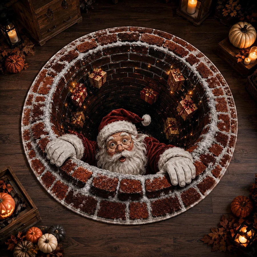 1PC Santa Claus chimney illusion printed circular carpet, fun visual effect 2D flat printed carpet, Christmas home decoration, suitable for living room, bedside, bedroom, entrance Christmas mats, holiday parties