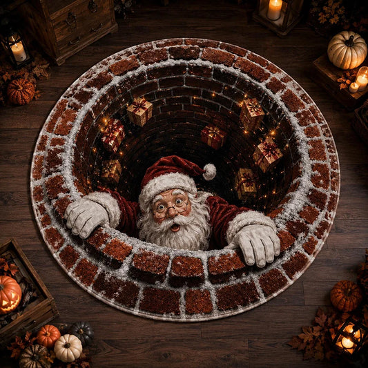 1PC Santa Claus chimney illusion printed circular carpet, fun visual effect 2D flat printed carpet, Christmas home decoration, suitable for living room, bedside, bedroom, entrance Christmas mats, holiday parties