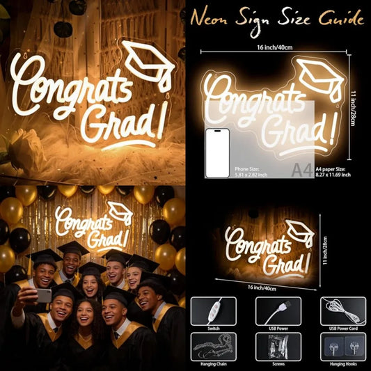Congrats Grad Neon Sign with Graduation Cap, 16*11In Warm White Grad Light Up Led Sign for Class of 2026 Graduation Party Decor