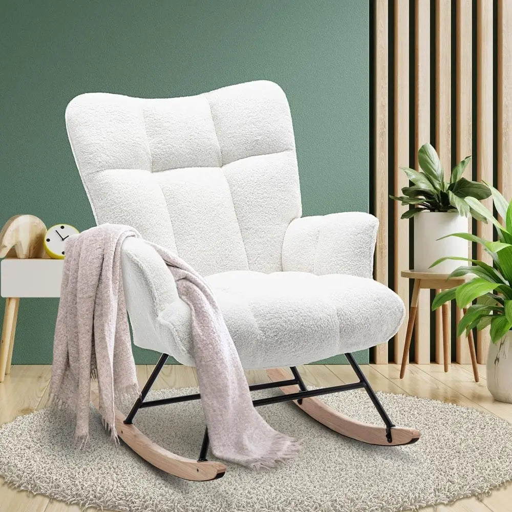 Rocking Chair Nursery Teddy Upholstered Glider Rocker Rocking Accent Chair Padded Seat with High Backrest Armchair Comfy Side C