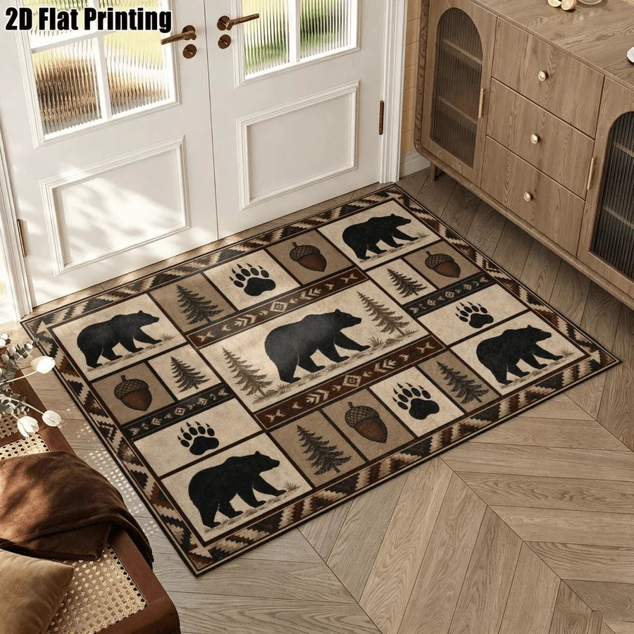 1Pc American Retro Black Bear Pinecone Pattern Rug, Machine Washable, Personalized Decoration, Retro Style Home Decoration, Suitable for Living Room, Bedroom, Entryway, Office, Corridor and Other Areas