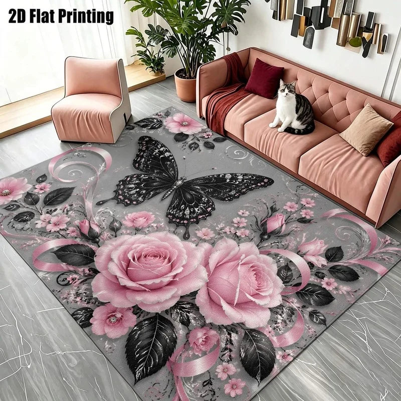 1Pc Light Luxury Retro Pink Rose Black Butterfly Printed Carpet, Warm Home Decoration, Artistic Decorative Carpet, Suitable for Living Room, Bedroom, Dining Room, Bedside, Indoor and Outdoor Patio, Home Decoration