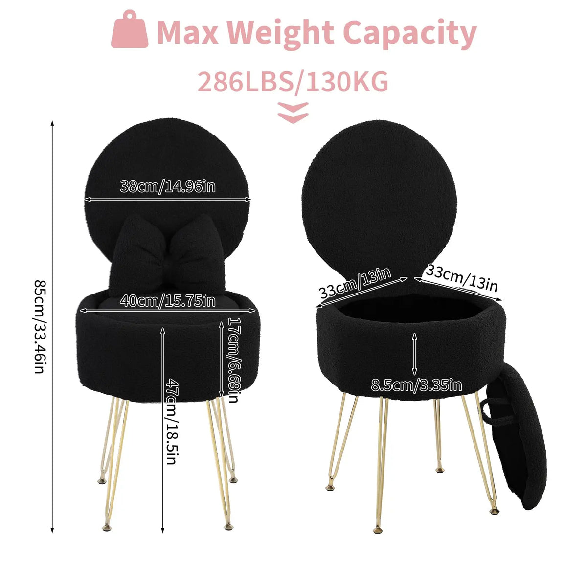 Vanity Stool Chair with Pillow & Foldable Backrest, Sherpa Fleece Vanity Chair with Stroage Space & Metal Legs, Soft Storage Ottoman, Modern Accent Chair for Makeup Bedroom Living Room