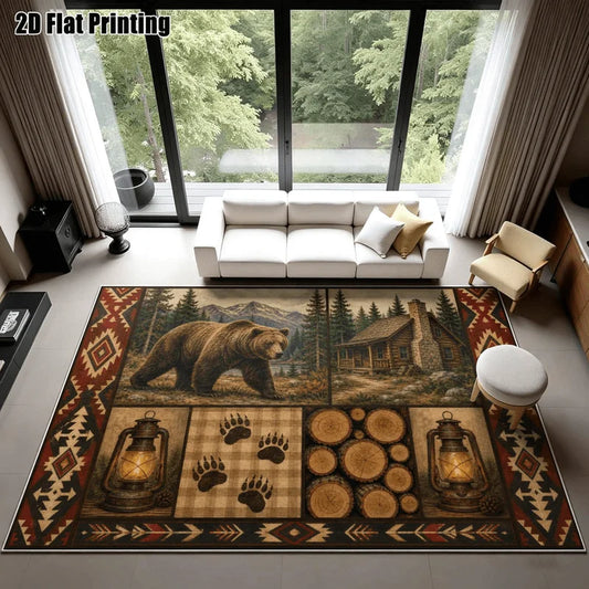 1Pc American Retro Bohemian Brown Bear Cabin Carpet, Machine Washable, Unique Decor, Retro Style Home Essential, Suitable for Living Room, Bedroom, Entryway, Office, Balcony and Other Areas