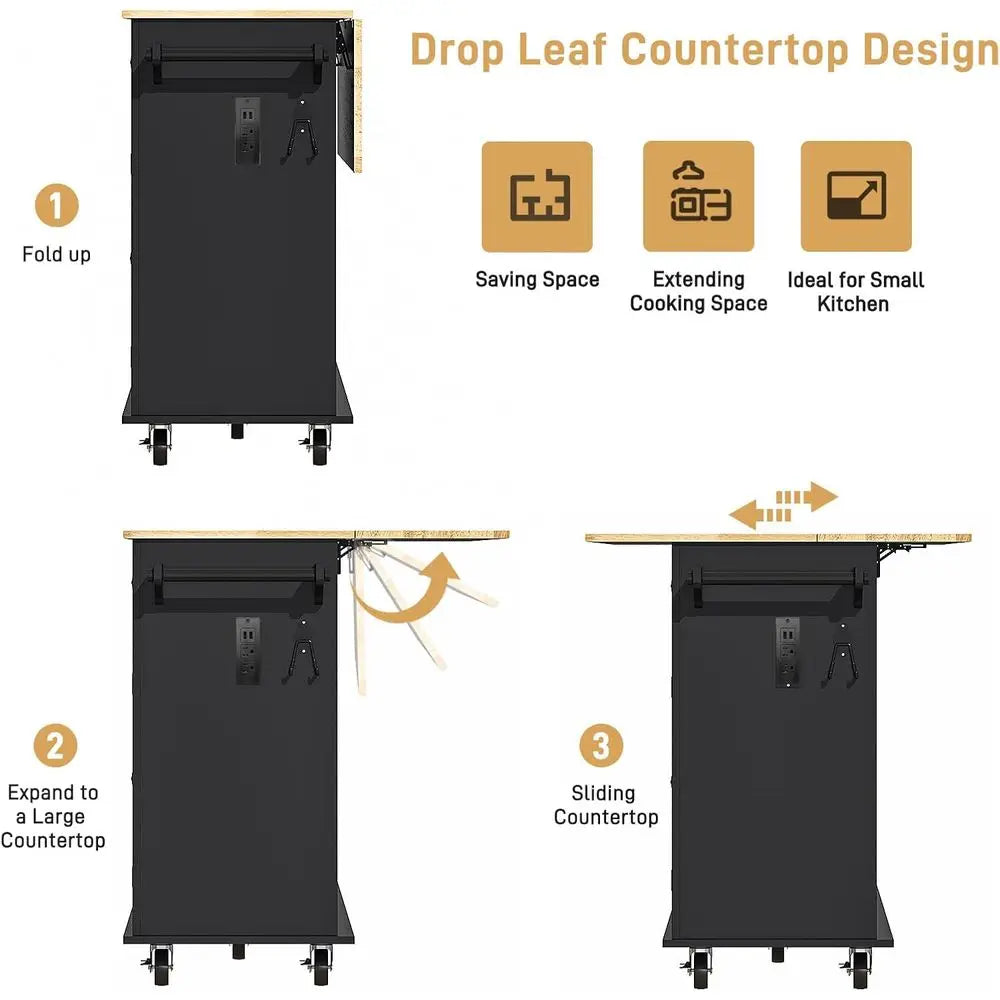63" Movable Kitchen Island with Drop Lea and Power Outlet, Rolling Island Cart w/Storage Cabinet, Island Table on Wheels or Kitc